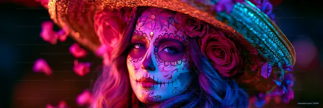 Vivid close portrait of woman in floral headpiece and face paint