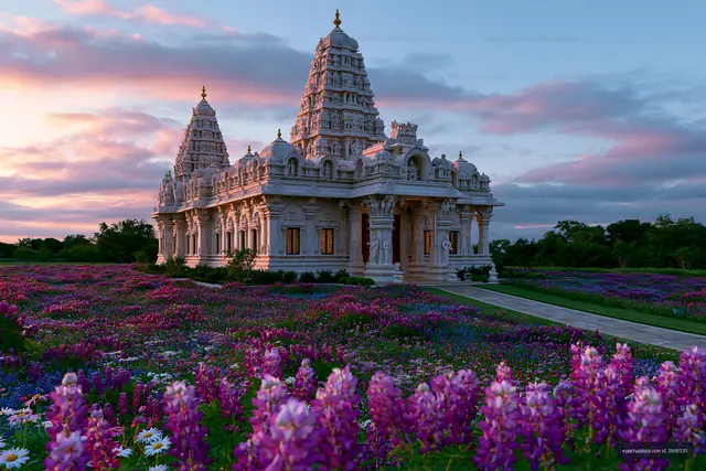 Detailed white temple framed by blooming flowers at sunset
