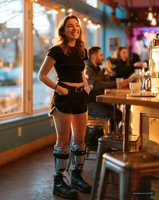 Smiling woman with prosthetic legs standing in cafe