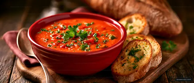 Tomato soup and herb garlic bread on wooden board
