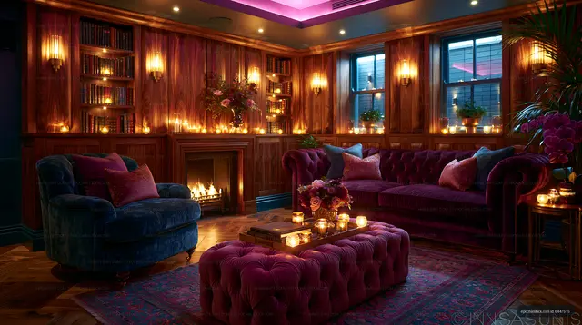 Warm luxury lounge with bookshelves, fireplace, and velvet furniture