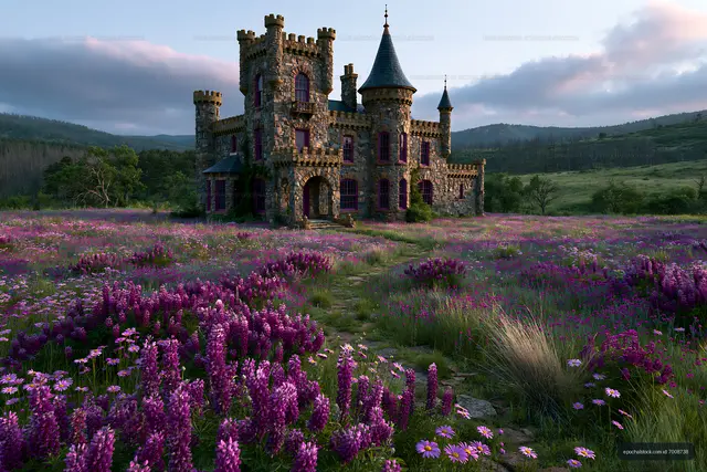 Turreted stone castle amid purple wildflowers