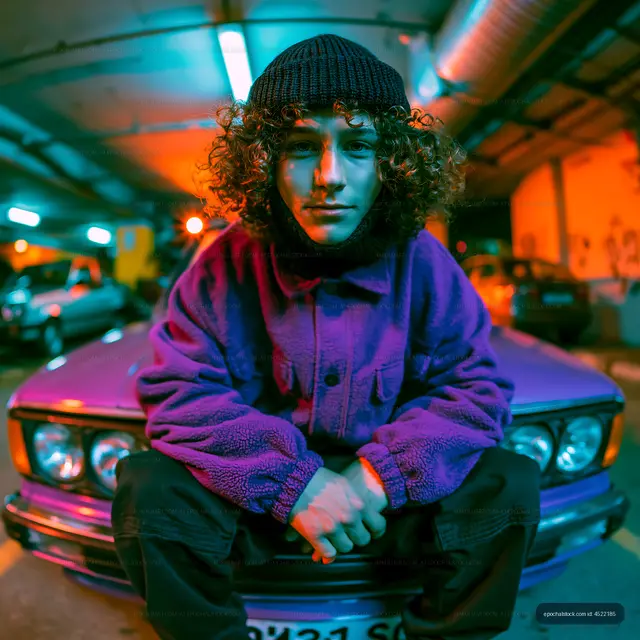 Person in colorful jacket seated on car under neon lighting