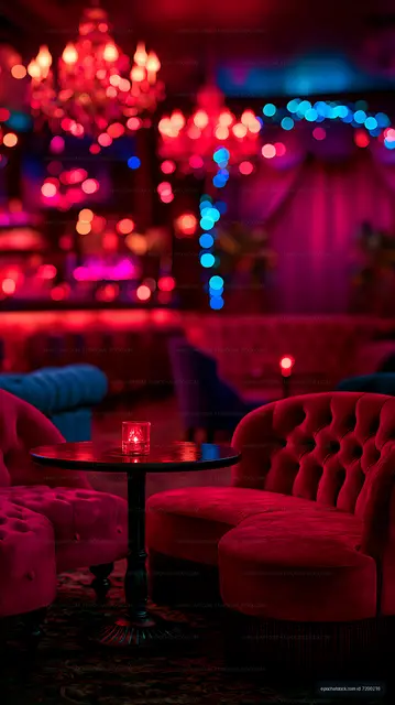 Red velvet lounge seating illuminated by colorful bokeh lights