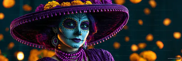Vibrant sugar skull makeup and flower-decorated hat portrait