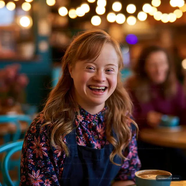 Close portrait of a laughing girl at a cafe