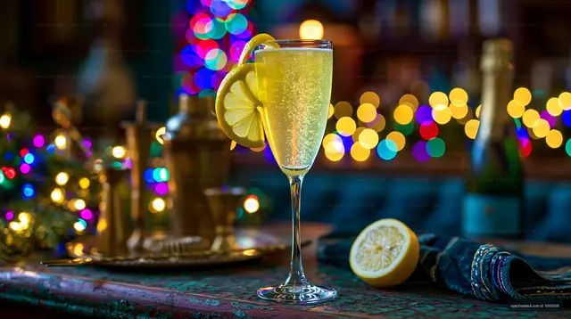 Bubbly lemon drink in a glass surrounded by colorful bar lights