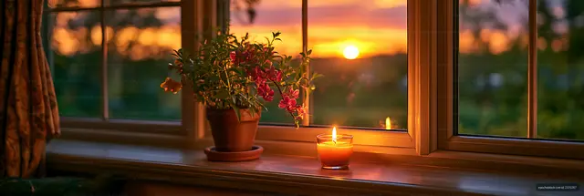 Flowering orchid and candle illuminated by sunset light