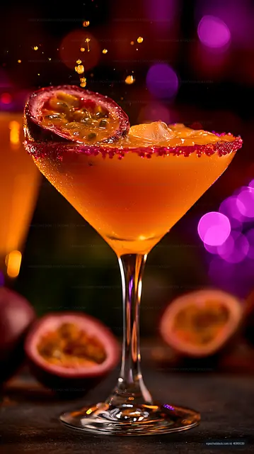 Orange cocktail with passion fruit garnish and vivid bokeh