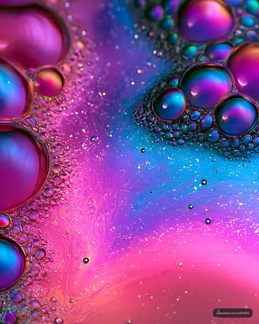 Vibrant iridescent bubbles on a flowing abstract liquid background