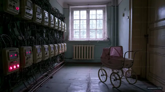 Vintage pram in a shadowy room with old electrical equipment