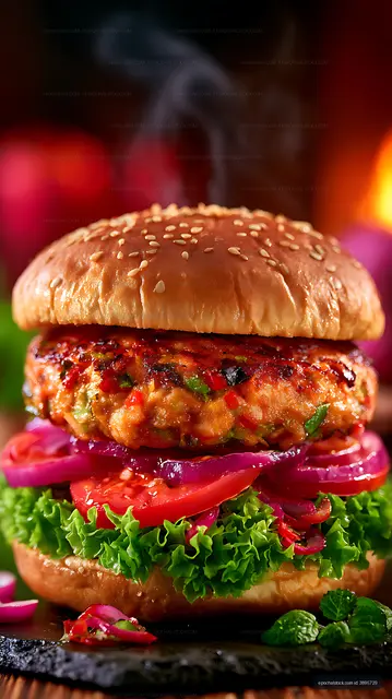 Colorful gourmet burger with sesame bun and fresh toppings