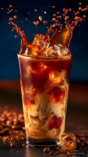 Iced coffee with cream, chocolate, ice, and splash