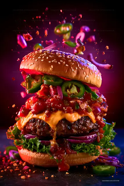 Dramatic close-up of a loaded cheeseburger