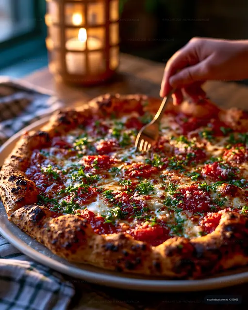 Topped Cheese Pizza with Fork and Warm Candlelight
