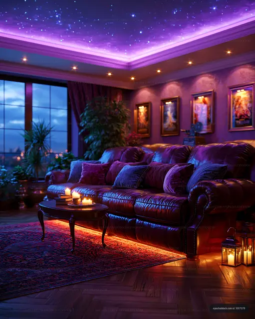 Luxury living room at night with candles and leather sofa