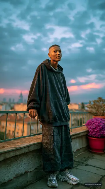 Streetwear portrait on a rooftop under a colorful sunset sky