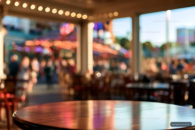 Abstract bokeh restaurant interior with reflective table