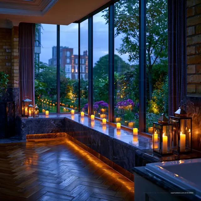 Luxury bathroom interior with candles and garden view