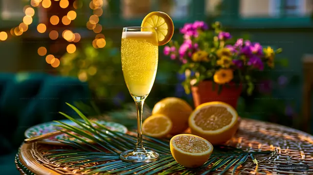 Sparkling lemon beverage on a garden table