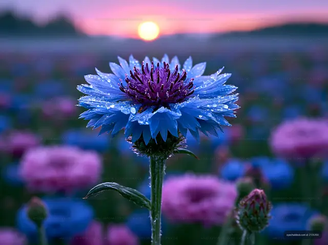 Blue flower surrounded by pink blooms at sunset