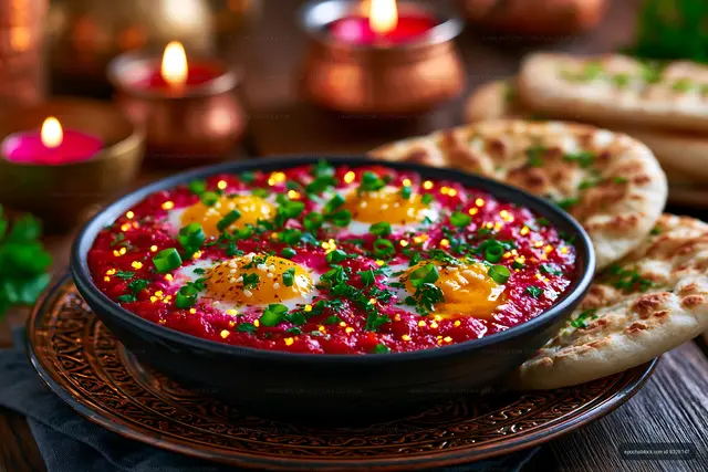 Vibrant beetroot shakshuka with eggs and flatbread