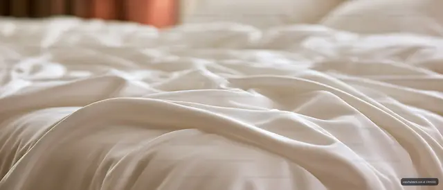 Elegant cream satin drapery on a softly lit bed