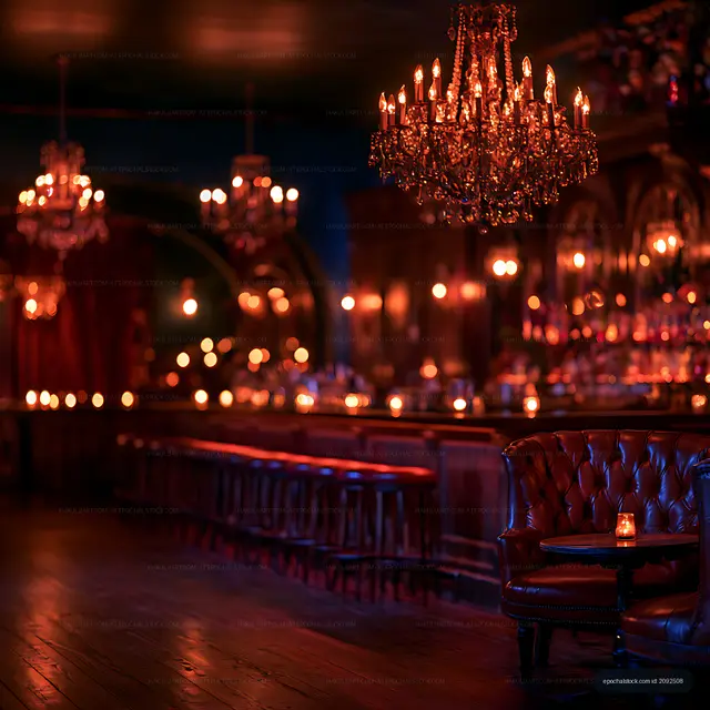 Warmly illuminated lounge interior with ornate chandeliers