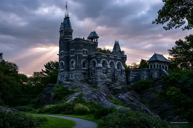 Ornate stone castle beneath a dramatic evening sky