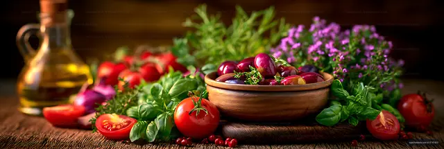 Fresh olives and garden produce in a rustic tabletop still life