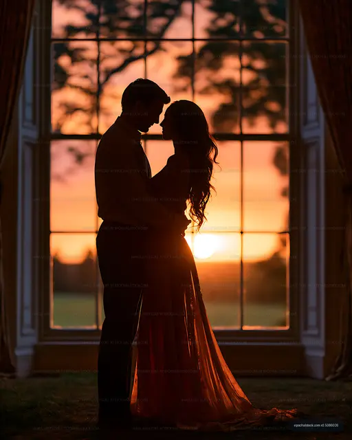 Couple embracing in sunset light by a large window
