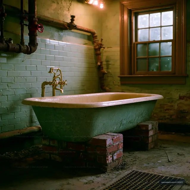 Rustic Clawfoot Tub with Exposed Pipes and Window