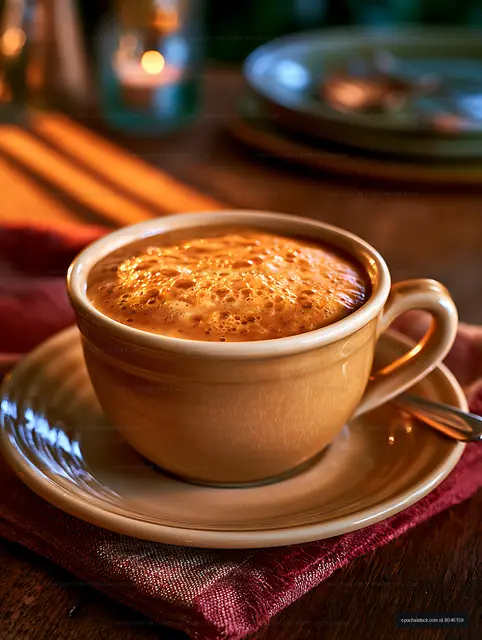Frothy coffee served in a ceramic cup on a saucer