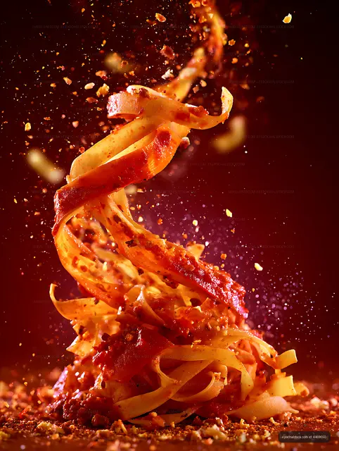 Dynamic close-up of sauced pasta with airborne crumbs