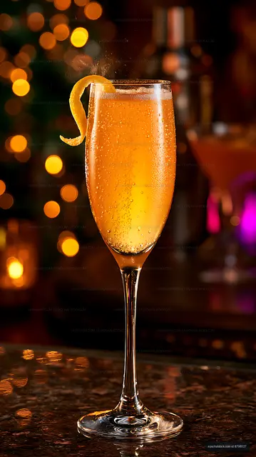 Orange sparkling cocktail in a flute with citrus garnish