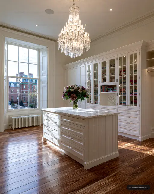 Luxury kitchen interior with chandelier and floral centerpiece