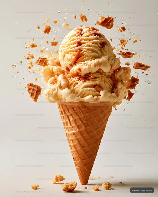 Dramatic ice cream cone with airborne waffle pieces