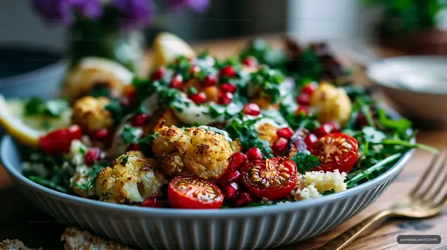 Healthy vegetable salad with roasted cauliflower and pomegranate