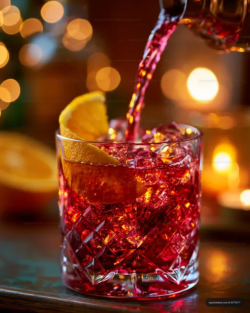 Close-up red cocktail with orange garnish and flowing pour