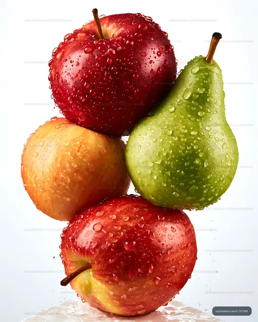 Stacked apples and pear with fresh water drops