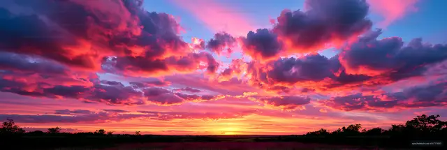 Panoramic dramatic sunset cloudscape over fields