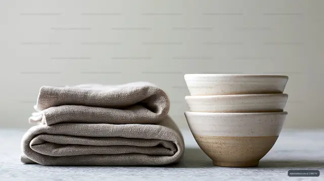 Minimal Still Life with Linen Towels and Ceramic Bowls