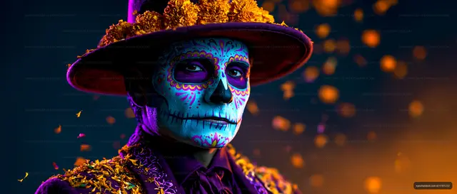 Sugar skull makeup portrait under a marigold-covered hat