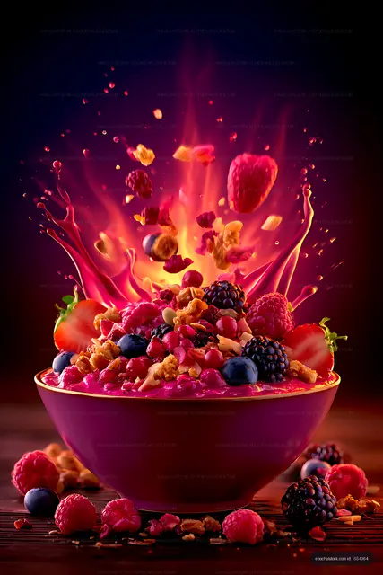 Dramatic fruit smoothie bowl with berries and granola