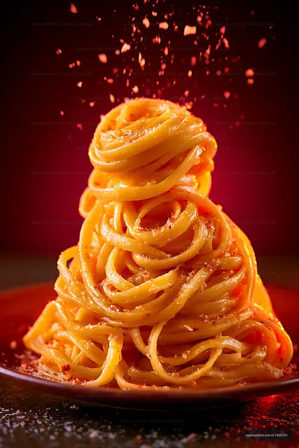 Close-up spiral pasta tower with suspended seasoning