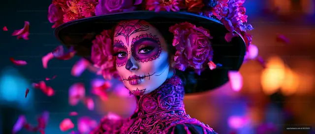 Vibrant floral hat portrait with decorative skull makeup