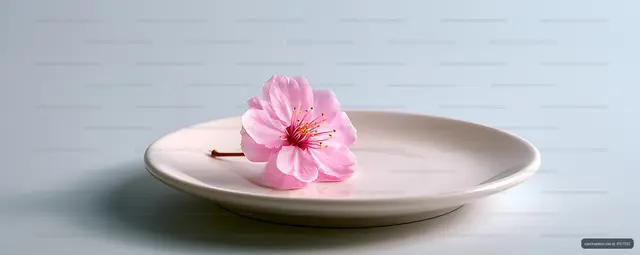 Pink blossom arranged on a minimalist white plate