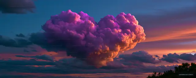 Towering purple cloud illuminated by evening light