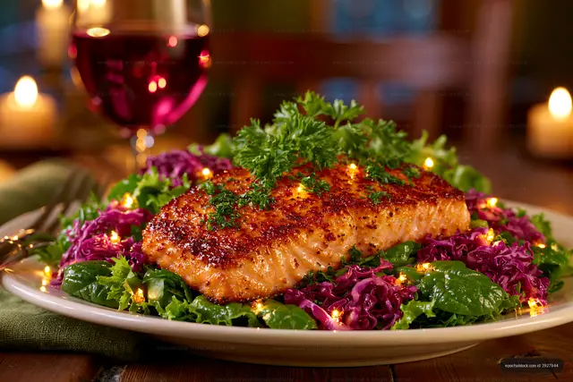 Glazed salmon dinner served with leafy salad and cabbage