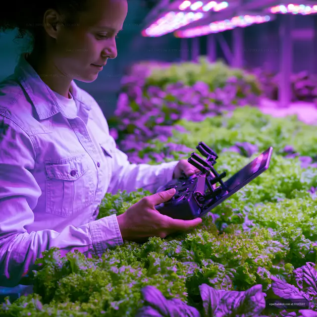 Indoor agriculture worker monitoring leafy greens